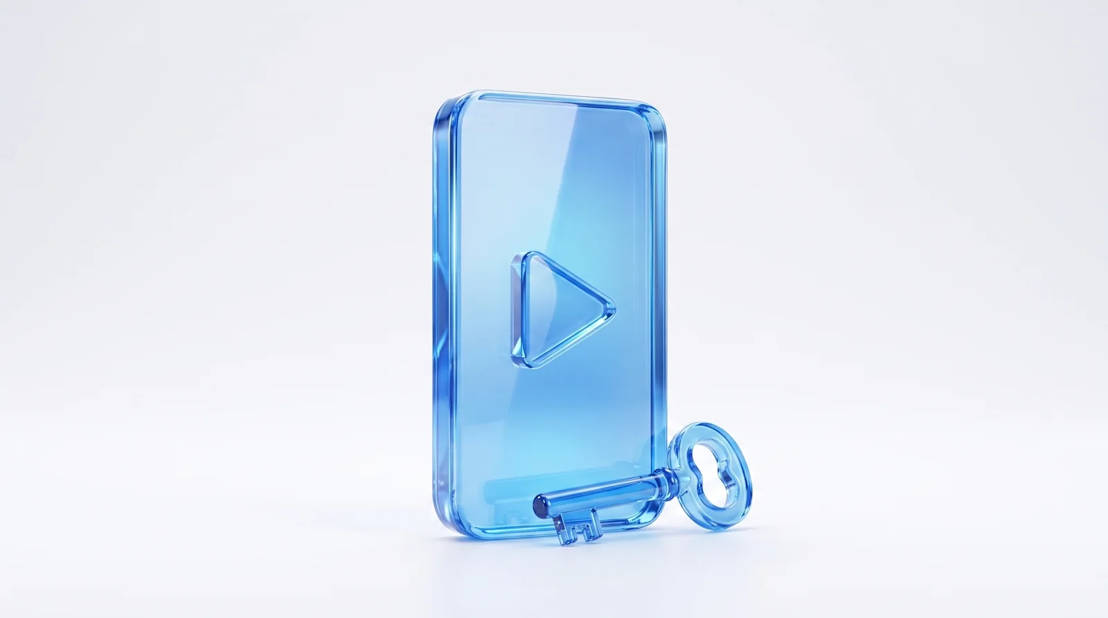 A vertical video card made of clear blue glass with a play button in its center, and a small clear blue glass key resting against its base, on a white background