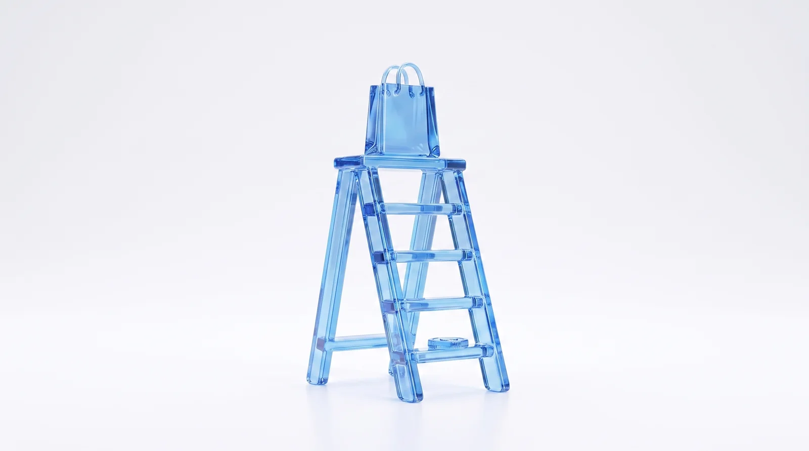 A short five-rung step ladder made of clear blue glass on a white background, with a small clear blue glass shopping bag resting on the top rung and a tiny glass coin on the bottom rung