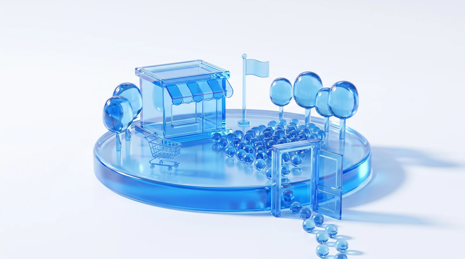 A miniature world made of clear blue glass on a round platform: a small storefront, a shopping cart, a flag, glass trees, and a crowd of glass spheres gathered in the middle, with an open glass door at the front and a queue of spheres lined up to enter