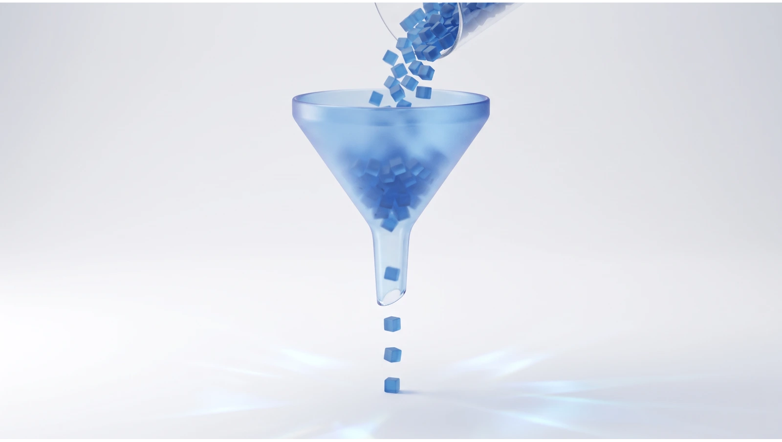 A translucent blue glass funnel, dozens of small blue cubes pouring in at the top and only three coming out of the bottom