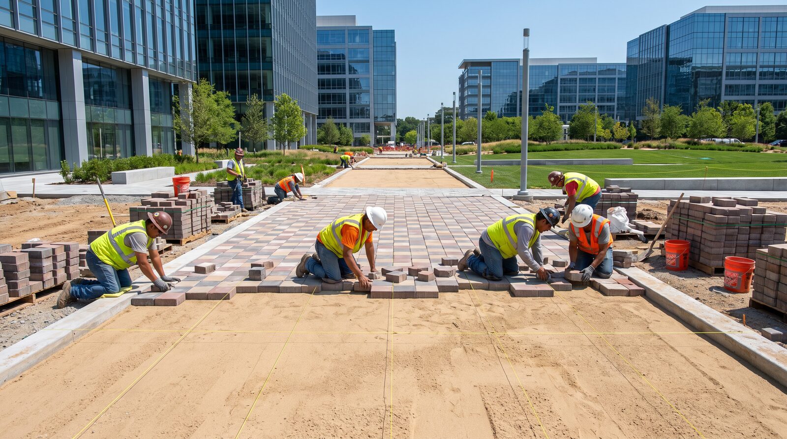 Crew installing interlocking pavers at a commercial plaza