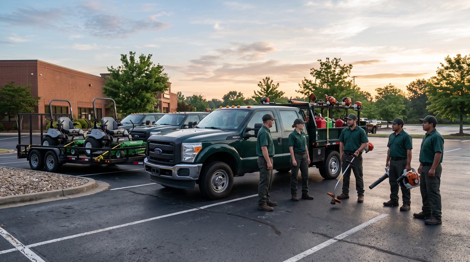 Legacy Landscaping crew and equipment fleet at dawn