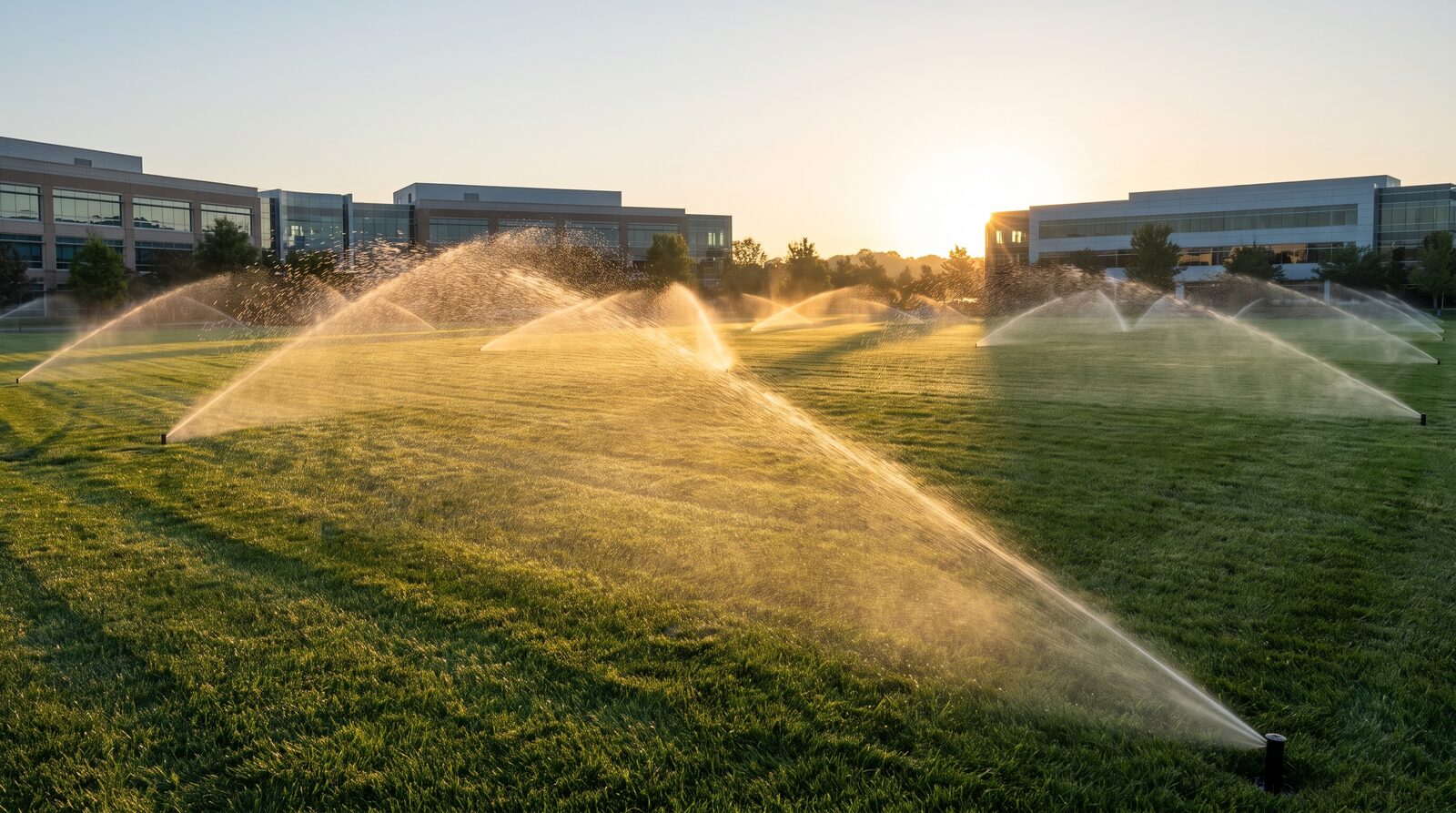 Commercial irrigation system watering a campus lawn