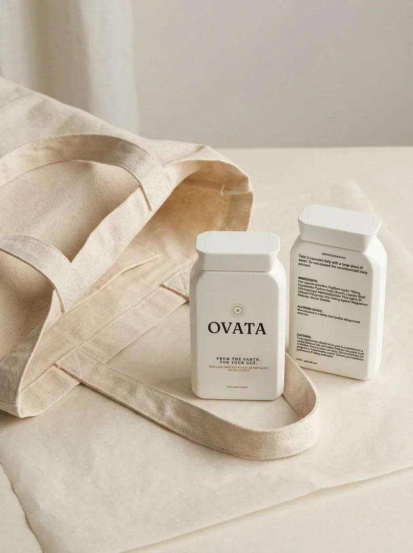 OVATA capsule bottle with capsules spilling out