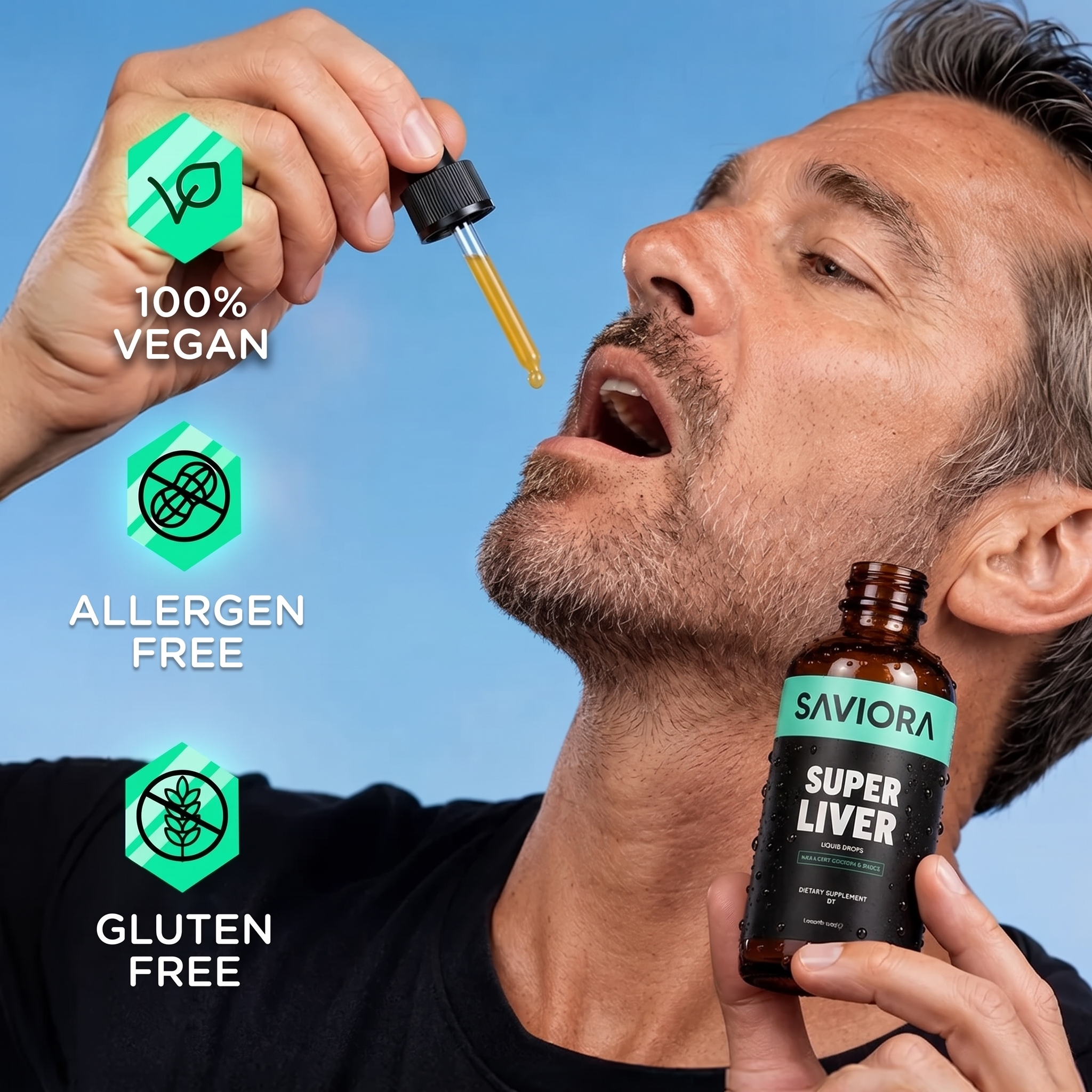 Man taking Saviora Super Liver drops, 100% vegan, allergen free, gluten free