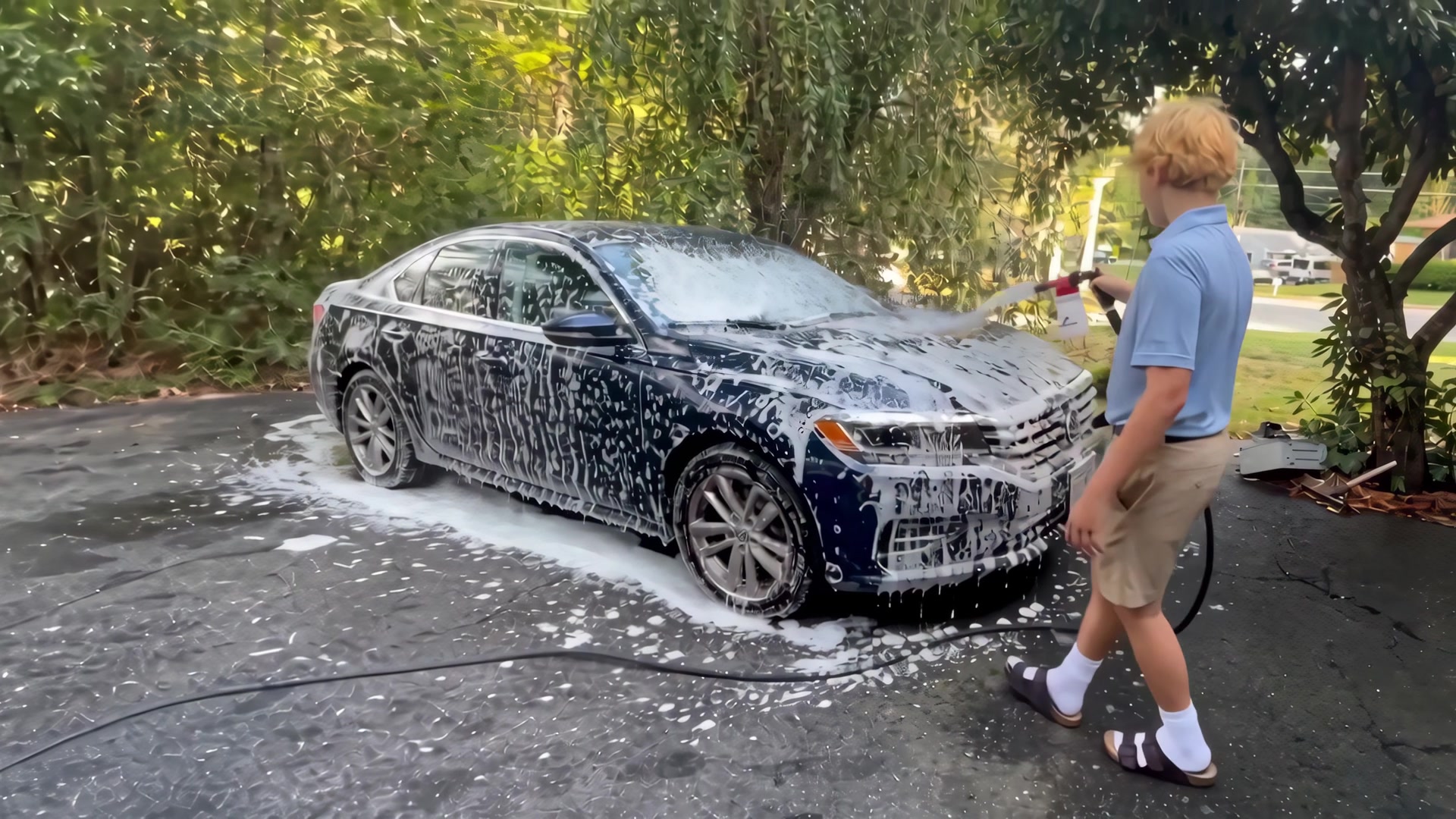 Foam covering the hood and grille of a sedan