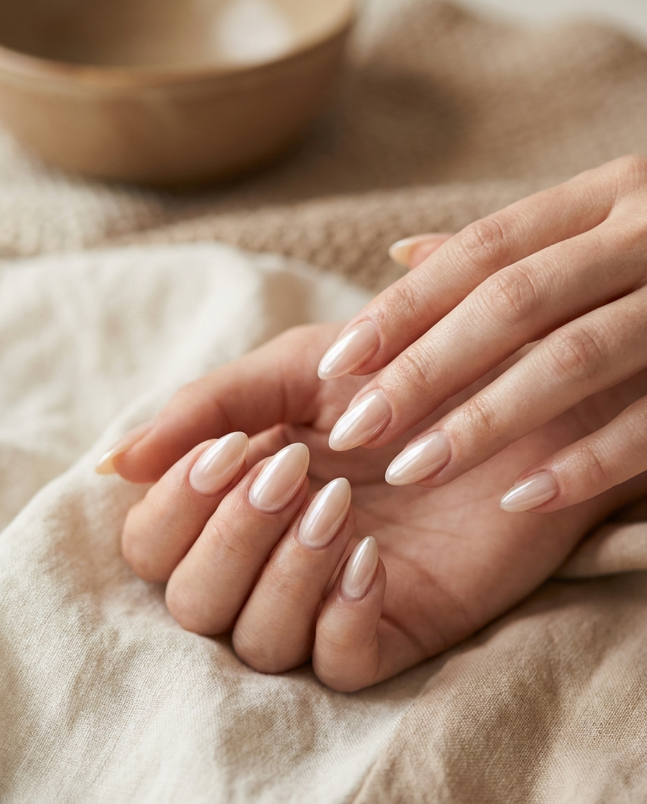 Glossy milky-nude gel manicure — nail salon Denpasar