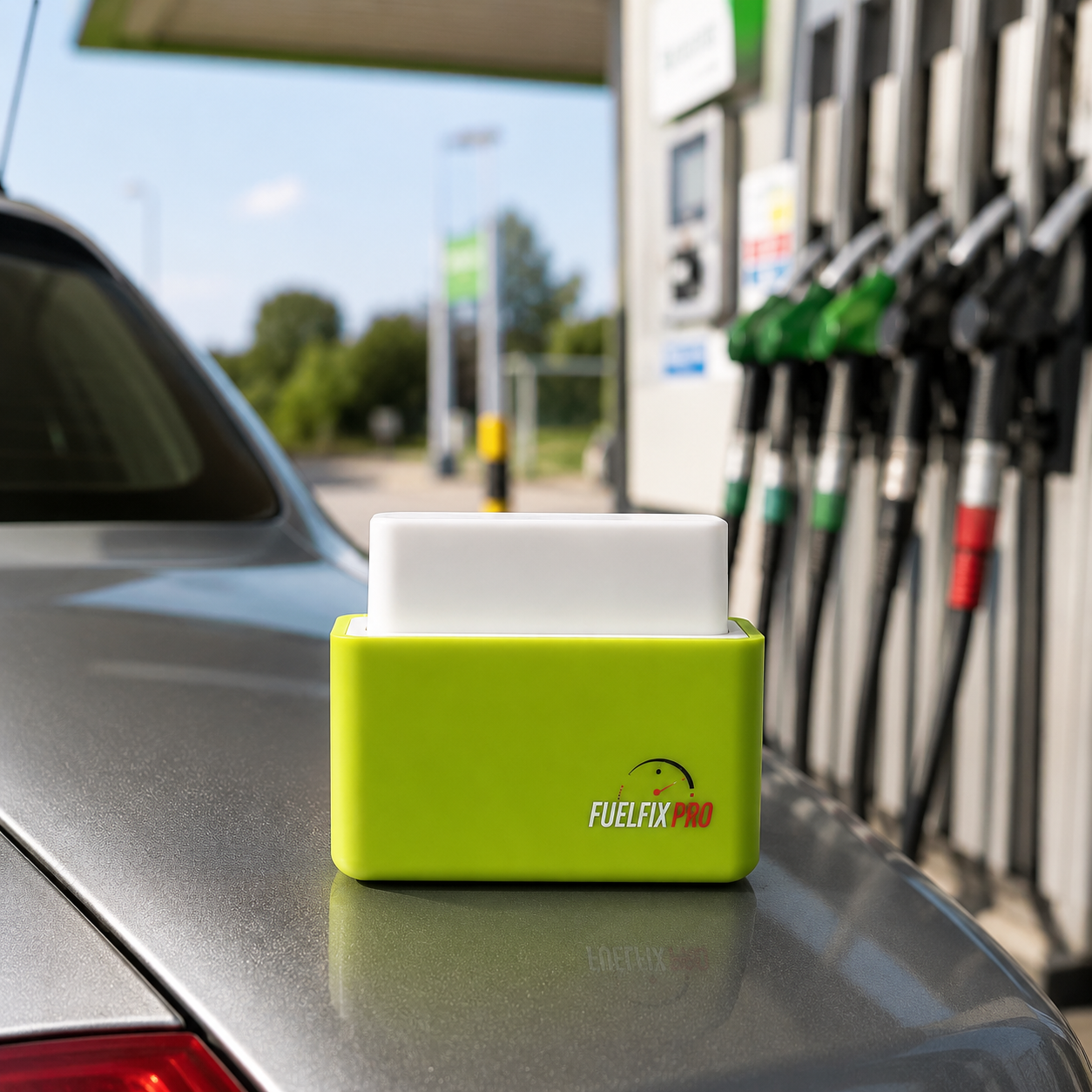 FuelFixPro device on a car at a petrol station