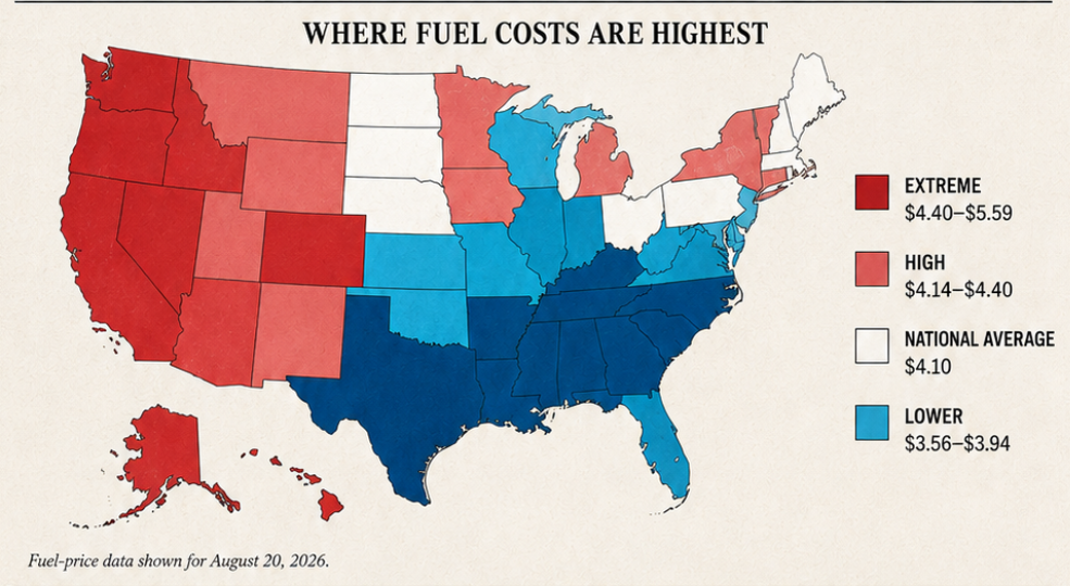 US fuel price heat map by state