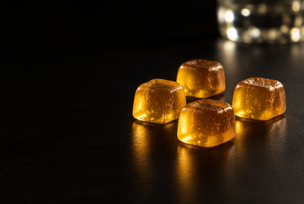 Exactly four translucent amber-gold Pregame Time gummies