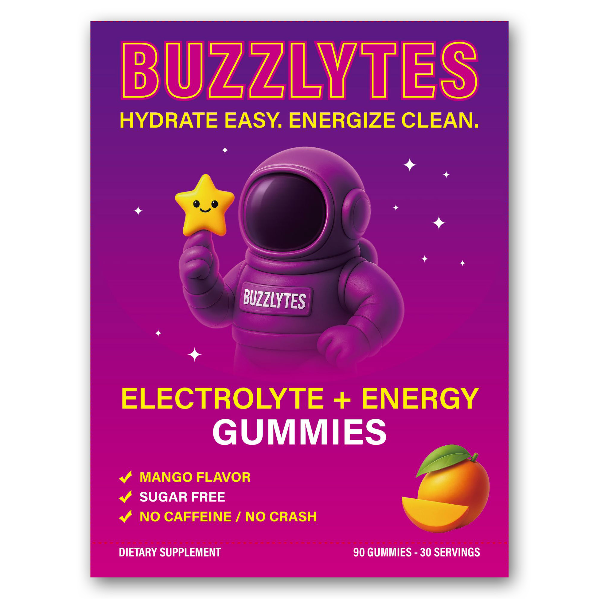 Front of the Buzzlytes mango electrolyte and energy gummies pouch