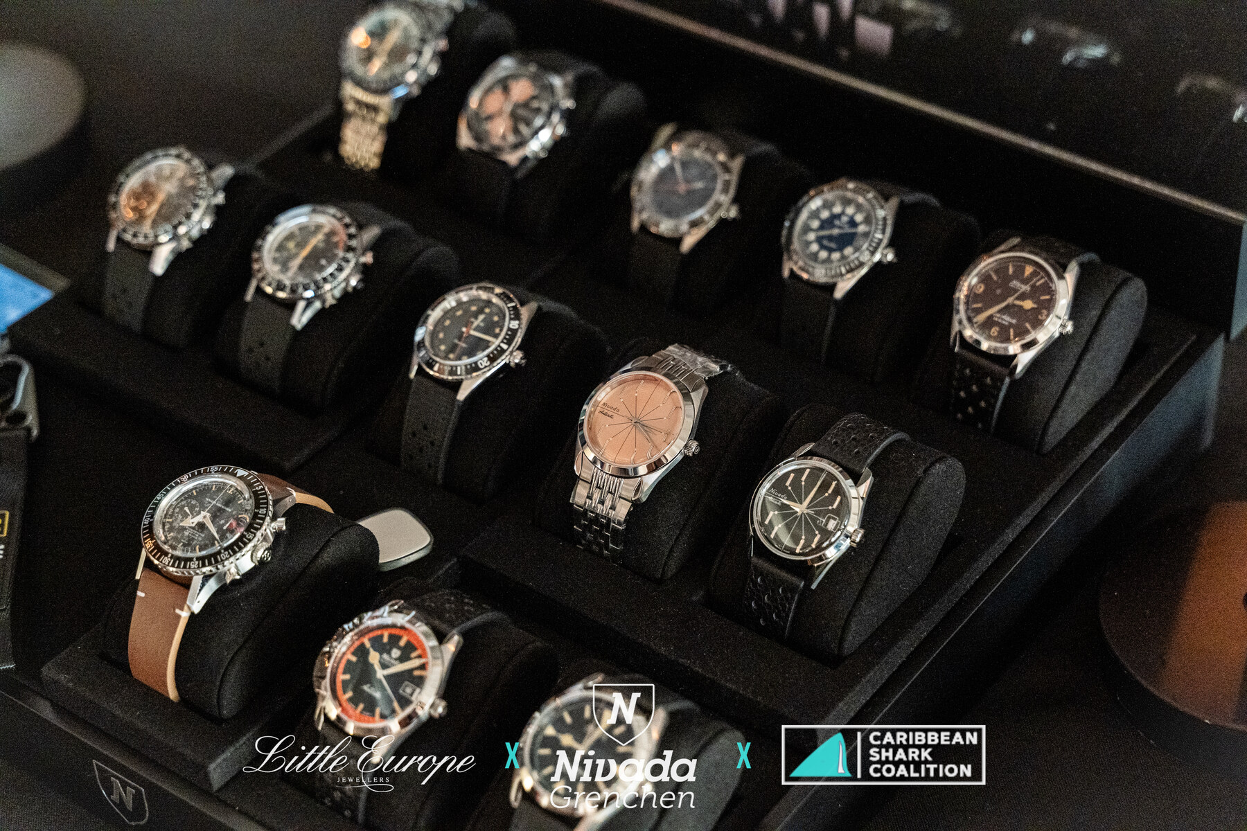 The full Nivada Grenchen collection laid out at the event