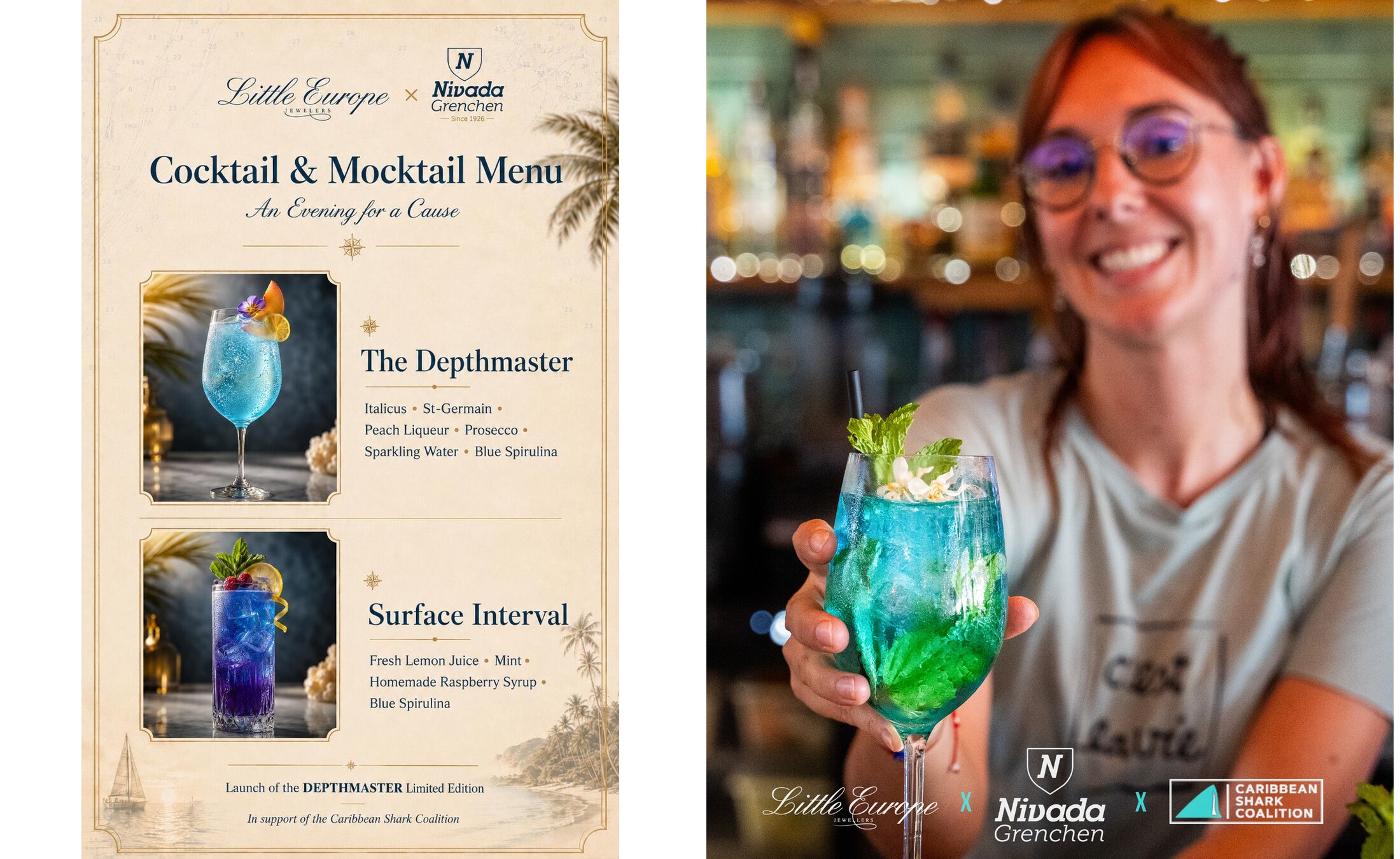 The cocktail and mocktail menu beside the signature turquoise cocktail