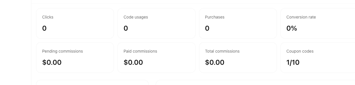 OneMiners customer referral dashboard showing clicks, code usages, purchases, conversion rate and commission totals