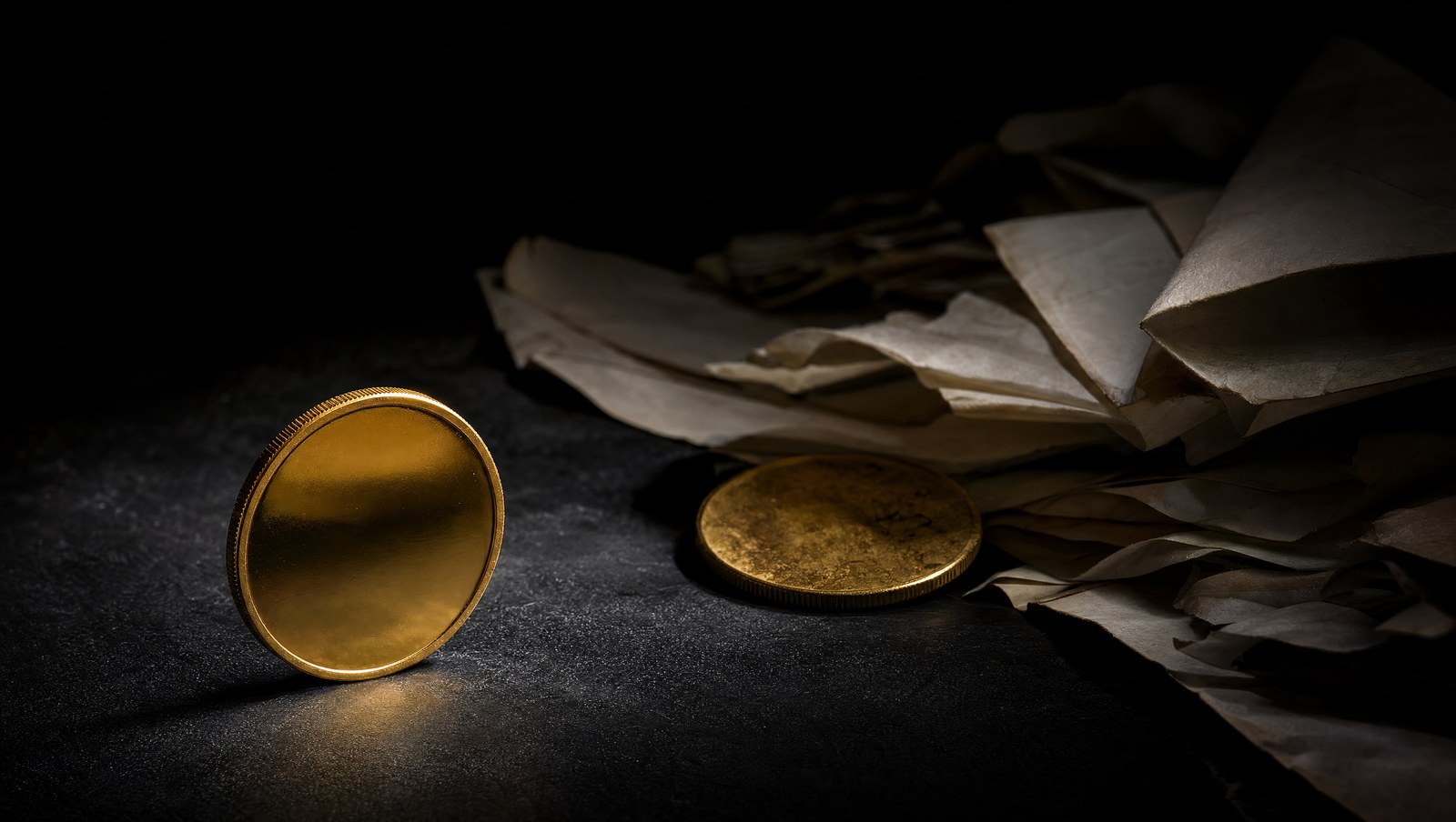 Two gold coins on a dark surface: one polished and upright in clean light, the other dulled and half-buried under crumpled paper