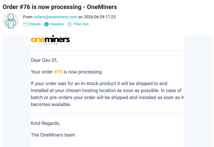 Processing email explaining that an in-stock hosting order will be shipped and installed at the chosen hosting location