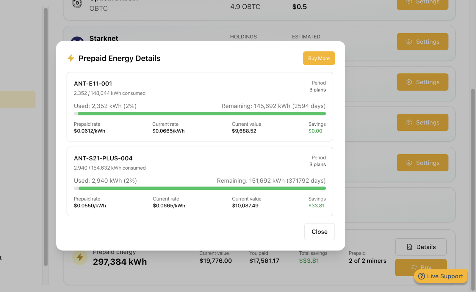 Prepaid Energy Details in the wallet showing energy used, remaining kWh and days left per miner