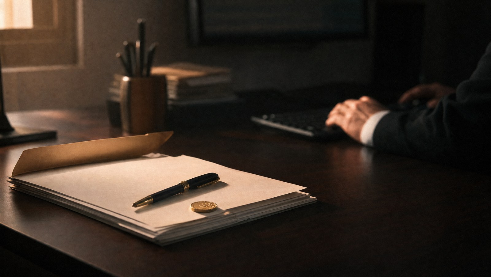 Compliance desk in warm late-afternoon light: an open paper file with a fountain pen and a small gold coin, a colleague working at a keyboard behind