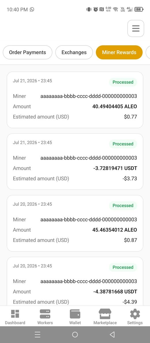 Miner rewards tab with USD estimates