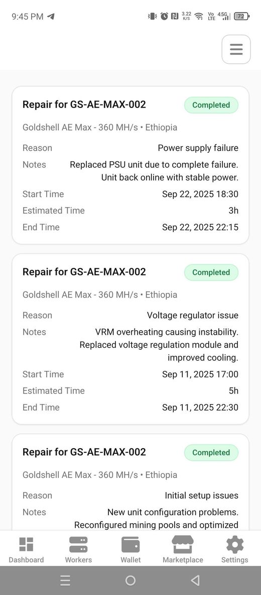 List of repair records with status