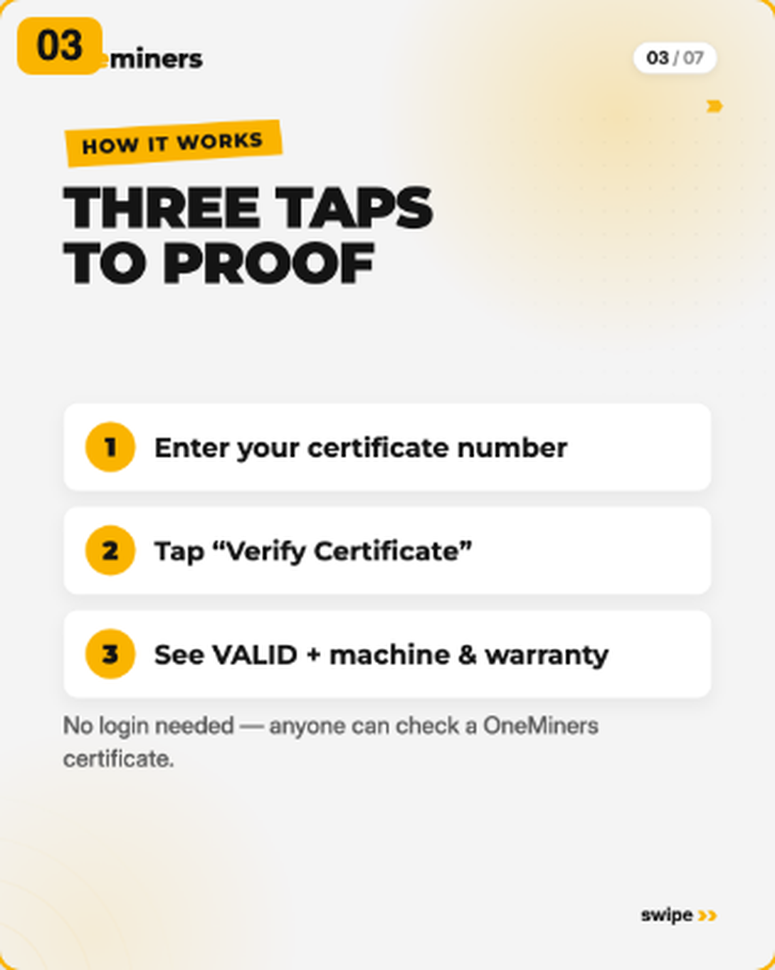Three taps to proof — enter your certificate number, tap Verify Certificate, see valid plus machine and warranty
