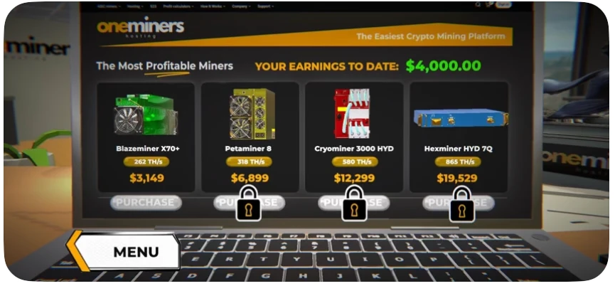 Formula OneMiners in-game garage — a lineup of rideable ASIC mining machines to unlock and upgrade