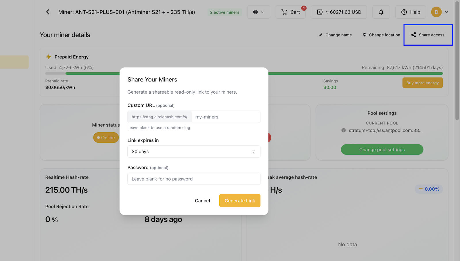 Share access dialog on a single miner detail page, generating a read-only link for one machine
