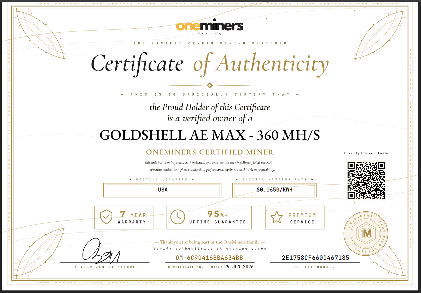 OneMiners Certificate of Authenticity showing the certified miner model, hosting location, seven-year warranty, 95% uptime guarantee and a QR code for online verification