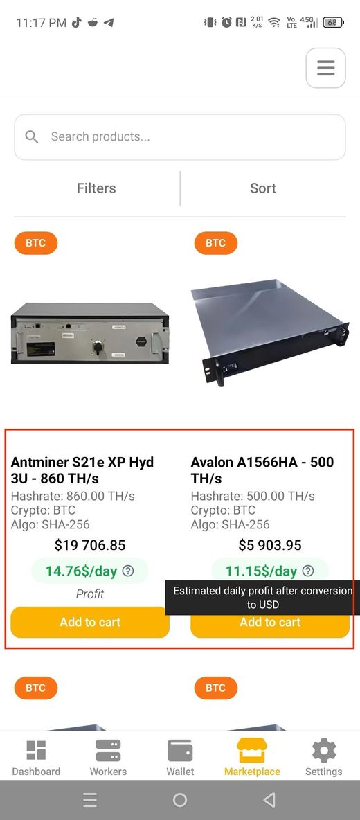 Marketplace showing estimated daily profit with info icon