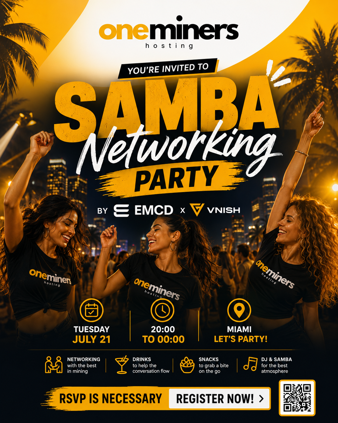 Samba Networking Party poster — hosted by EMCD and VNISH during Mining Disrupt 2026, Tuesday July 21, 20:00 to 00:00, Miami