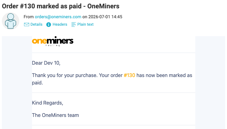 Order confirmation email from OneMiners telling the customer their order has been marked as paid