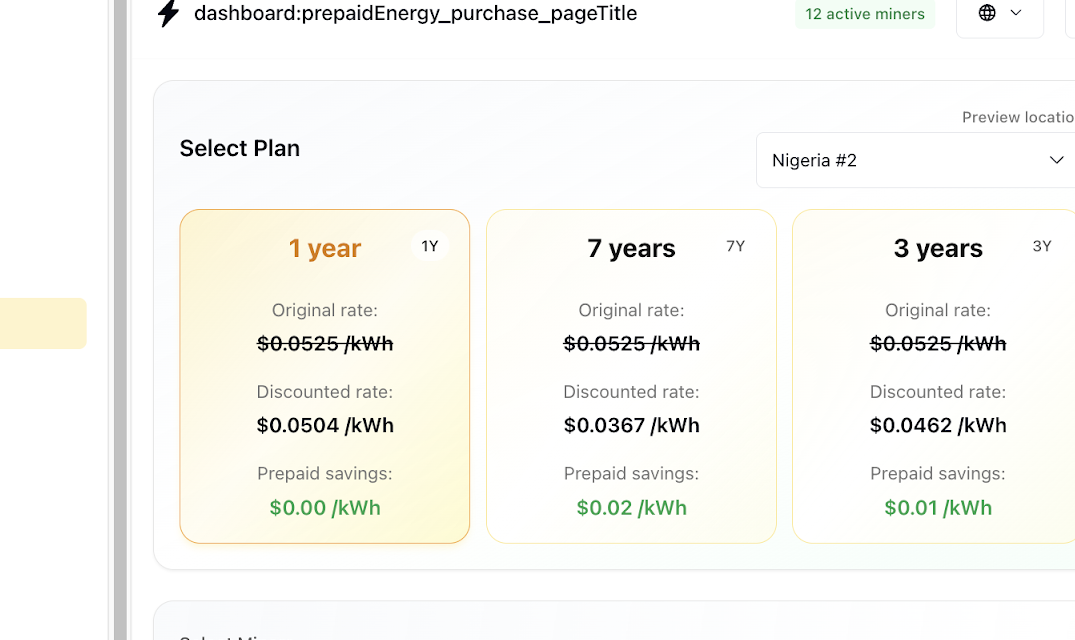 Prepaid Energy purchase page showing one-year, three-year and seven-year plans with the discounted rate for each