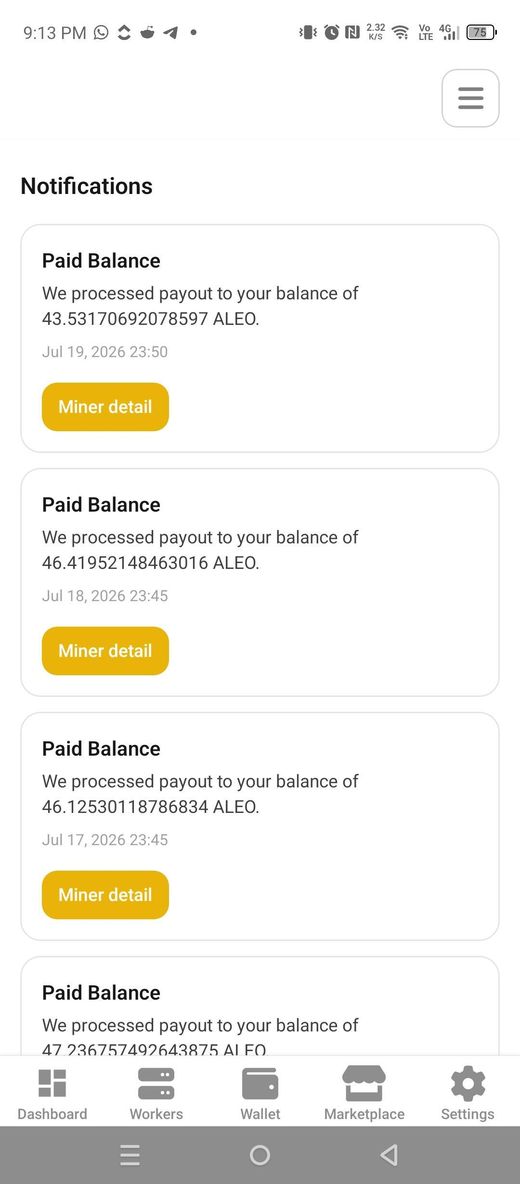 Notifications screen with account alerts