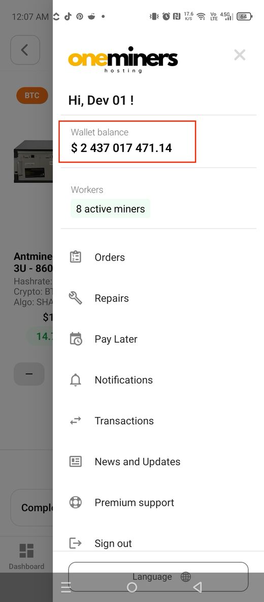Sidebar welcome message and wallet balance