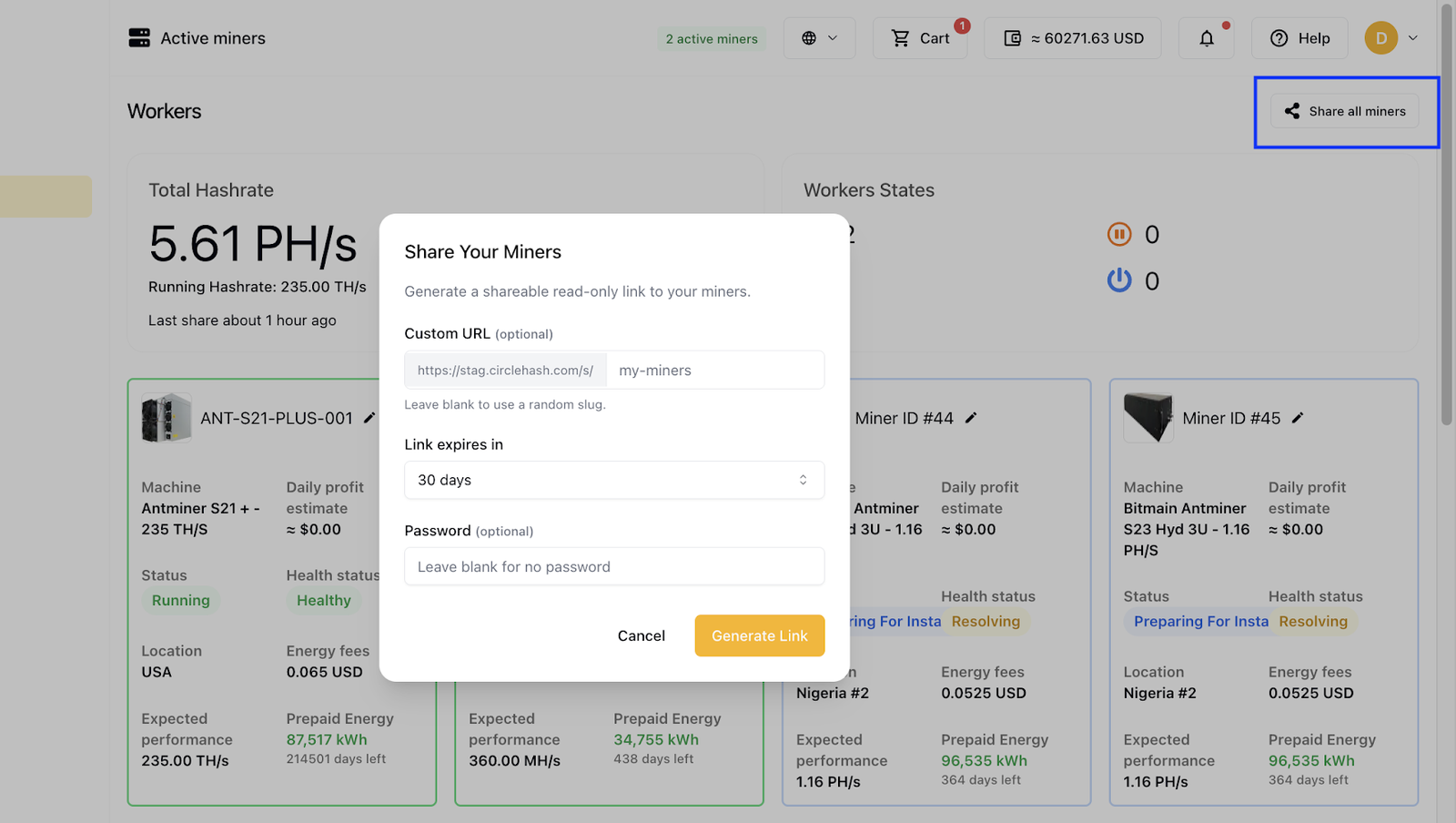 Share Your Miners dialog on the Workers page, generating a read-only link to the full miner list with custom URL, expiry and password