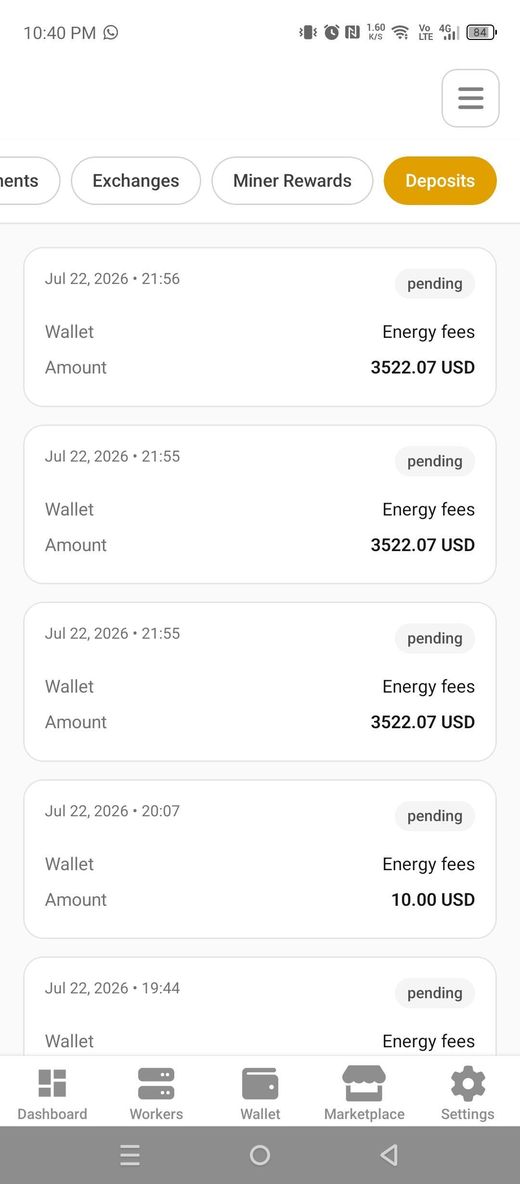 Deposits tab for energy fee top-ups