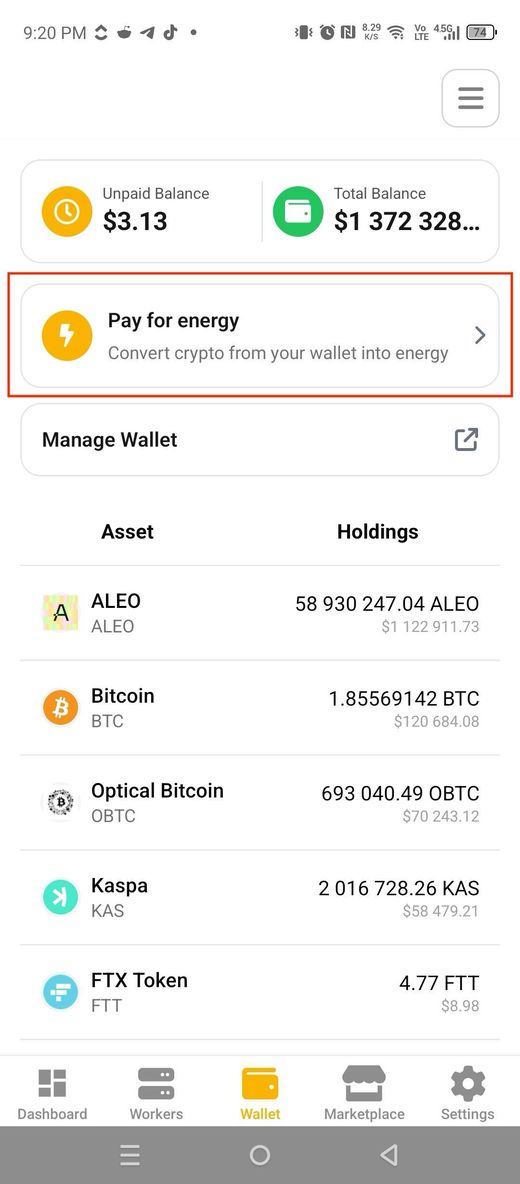 Pay for energy option in the wallet