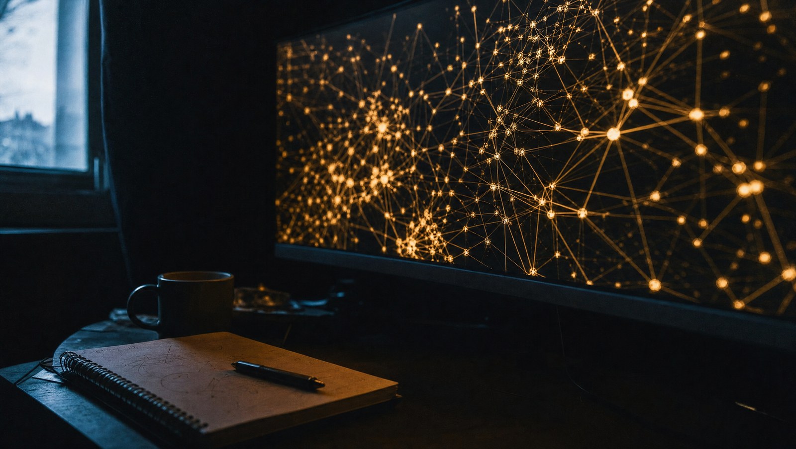 Blockchain forensics workstation at night, a monitor filled with a glowing gold transaction cluster graph beside a notepad and coffee cup