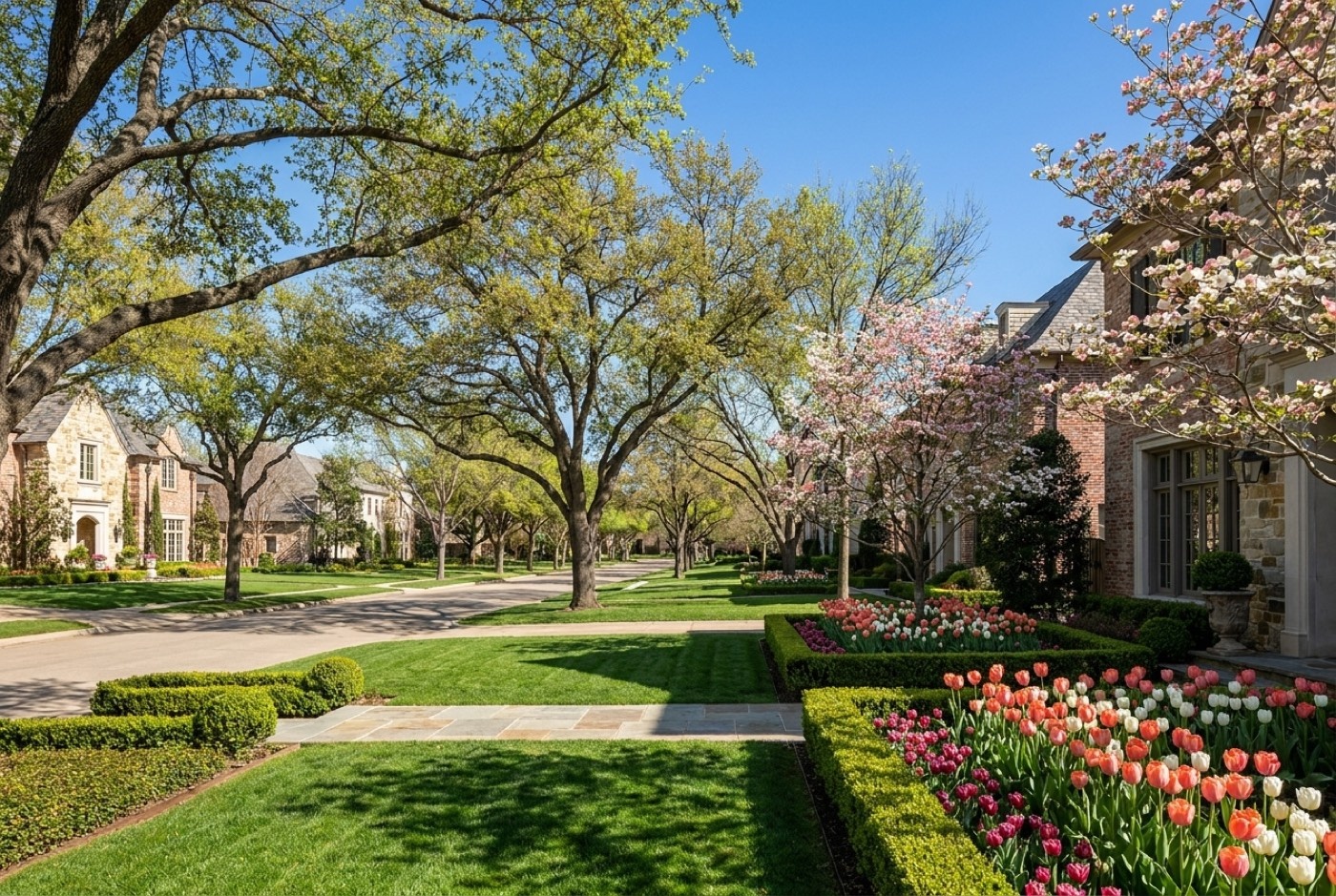 Tulip beds and lush lawns along a Preston Hollow street in spring