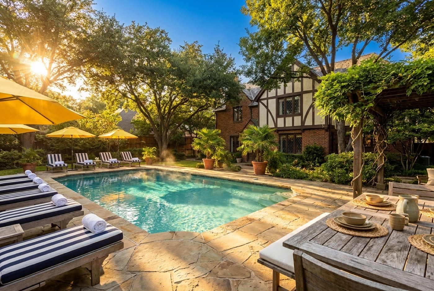 Pool and shaded patio behind a Lakewood Tudor home on a hot afternoon