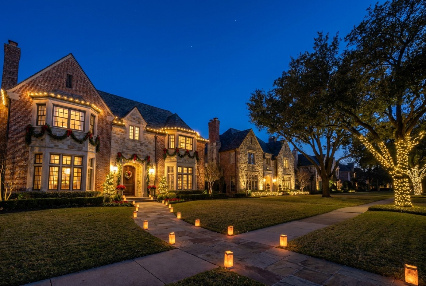 Holiday lighting and garland on a Highland Park street at dusk