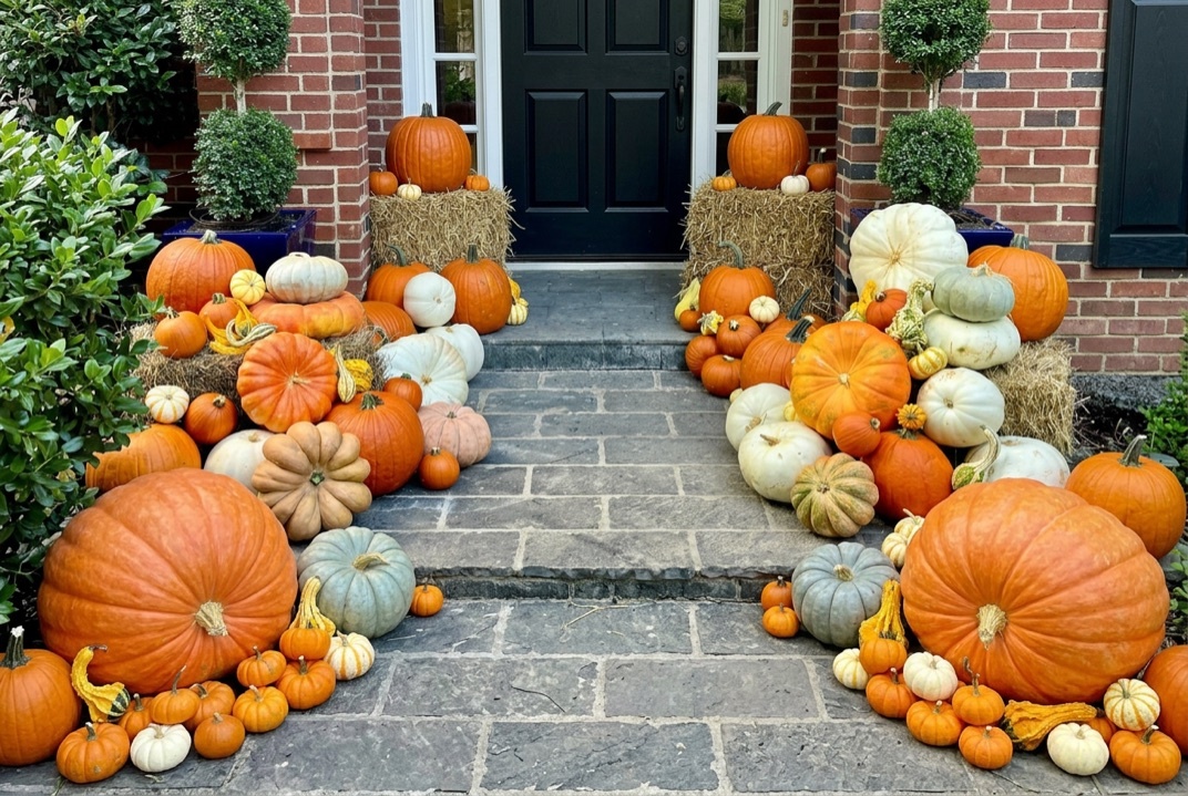 A Roost & Realm autumn pumpkin display installed at a Dallas residence