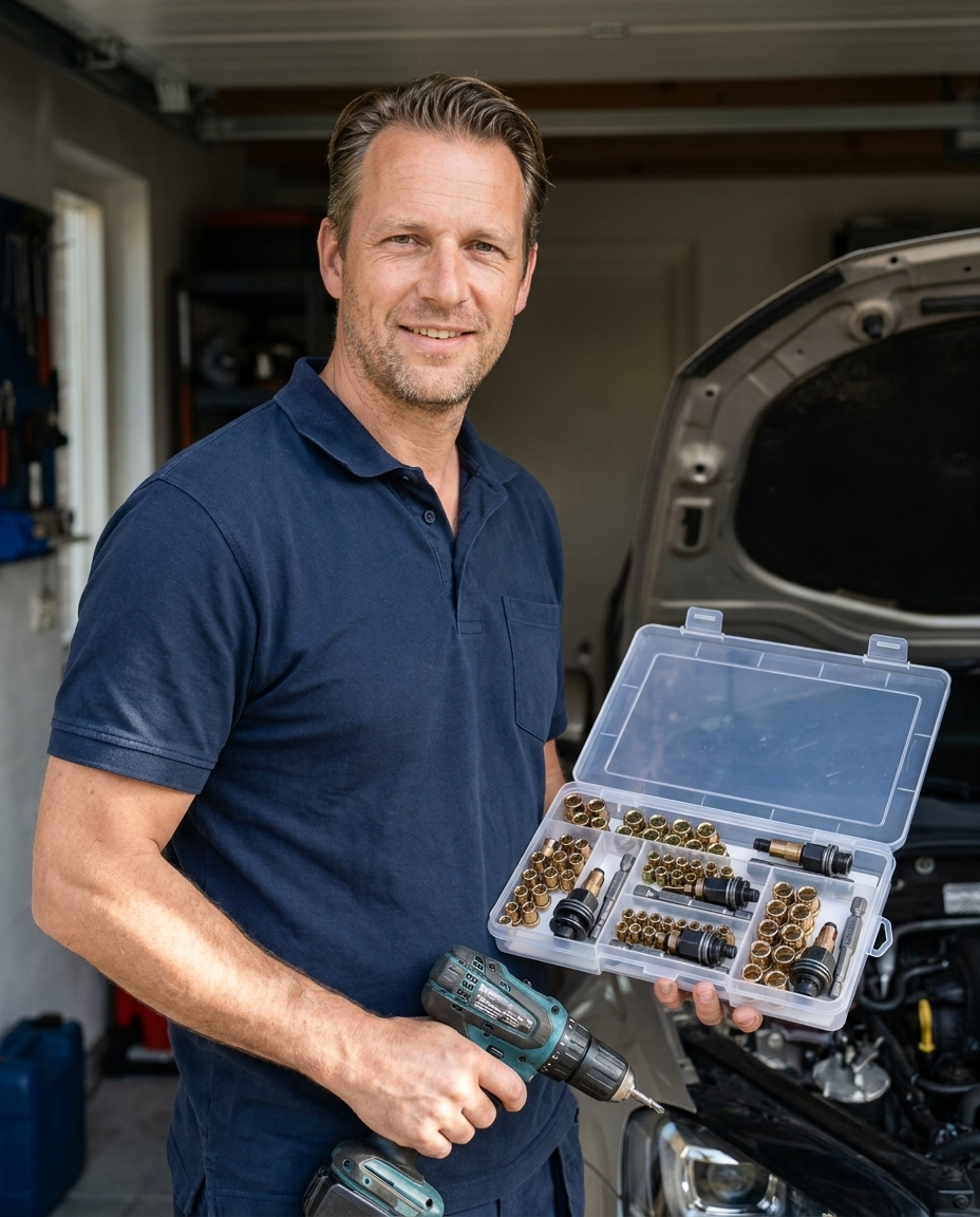 Klusser met de Rivton™ klinkmoerset in zijn garage