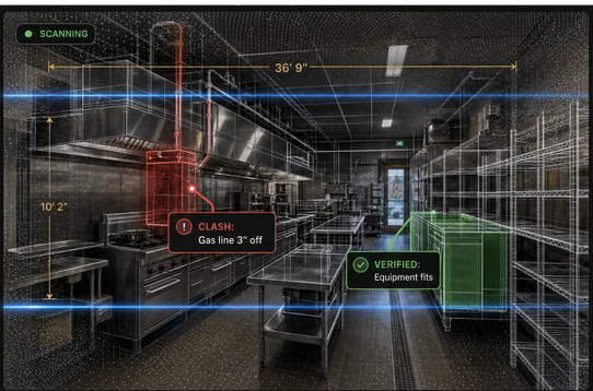 Brand Builder 3D scan showing clash detection and verified equipment in a restaurant kitchen