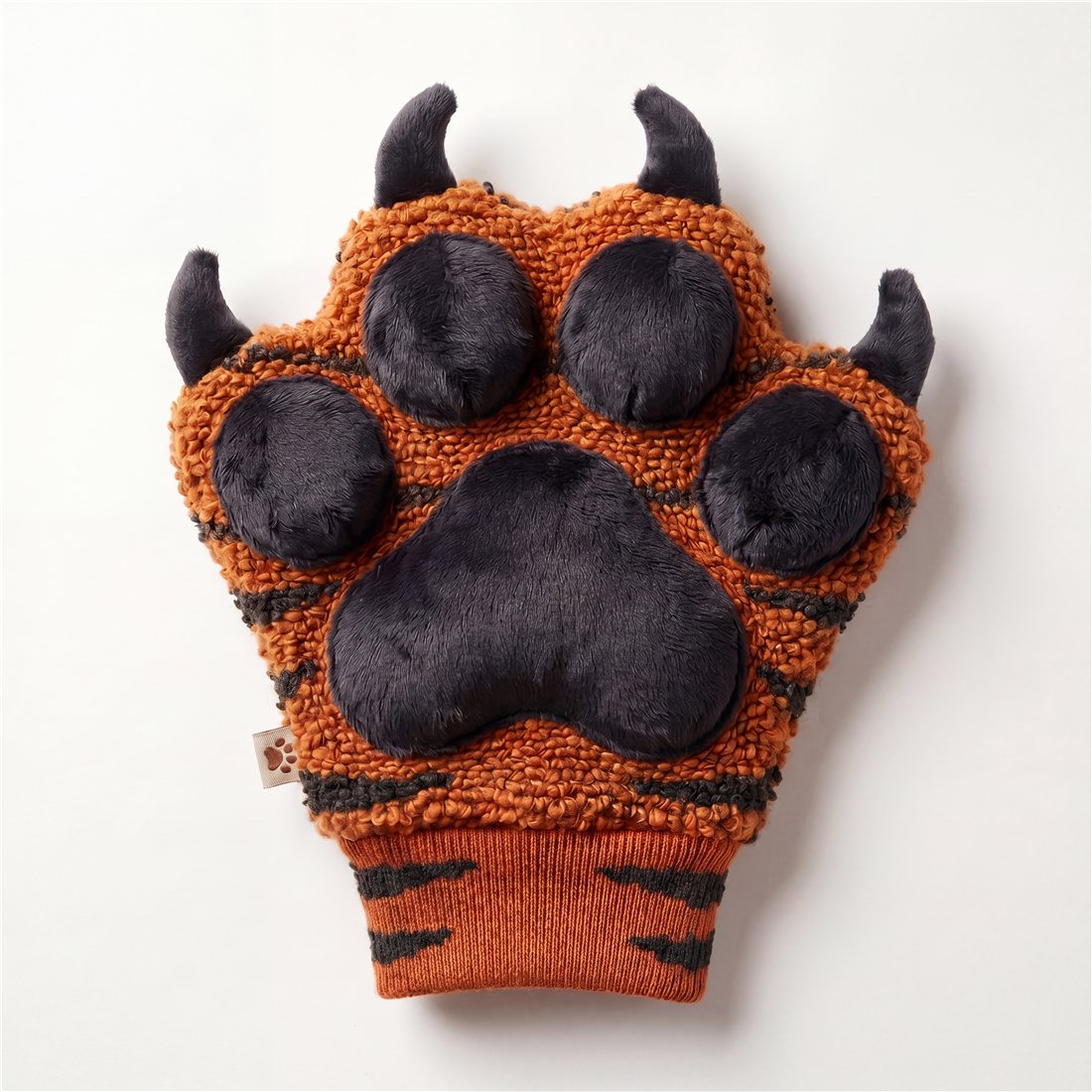 Marmalade the Tiger paw mitt — front, plush pads and claws