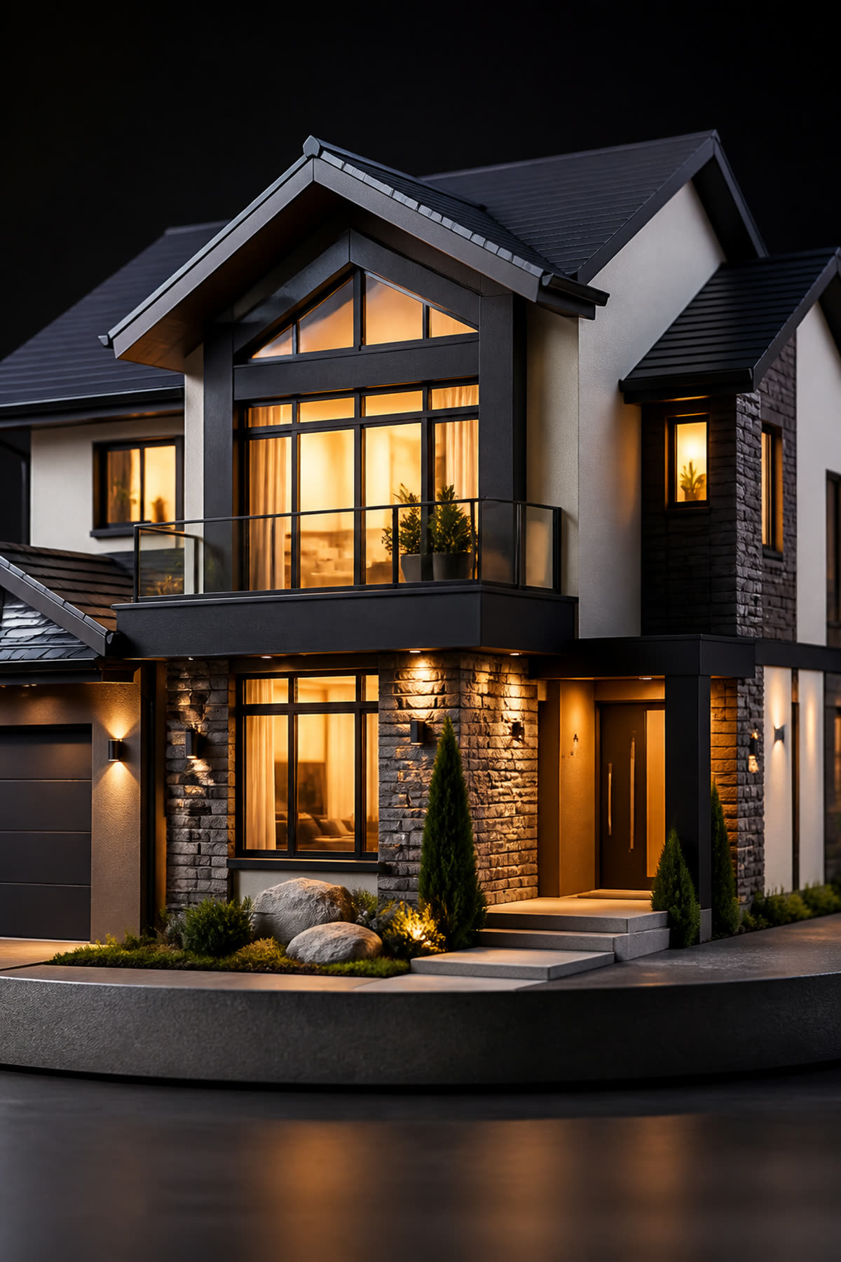A family house filling the frame on a thin charcoal pedestal.