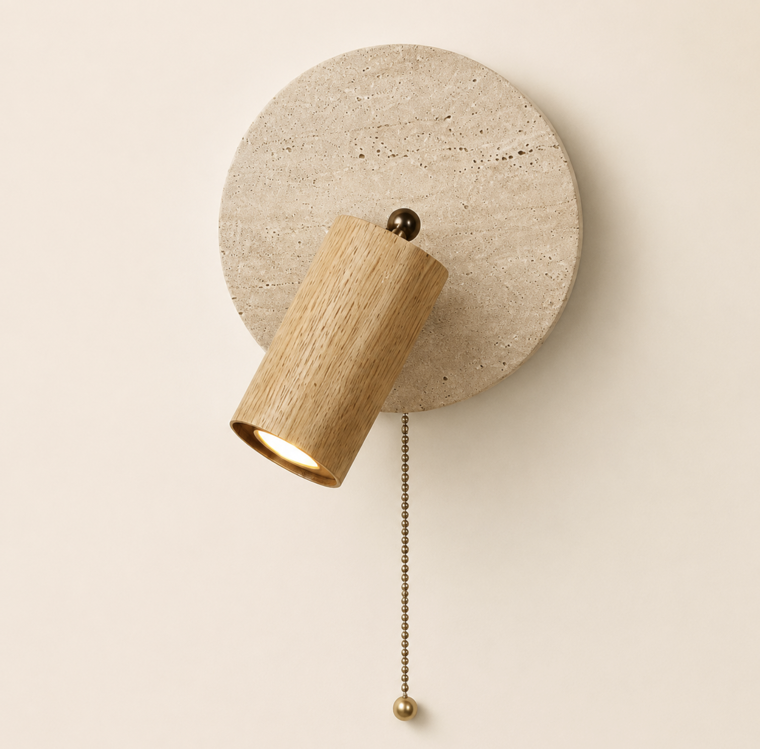 Round travertine disc with oak cylinder spotlight and pull chain