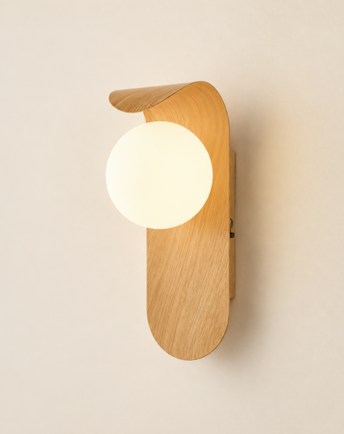 Curved oak panel wall sconce with frosted glass globe