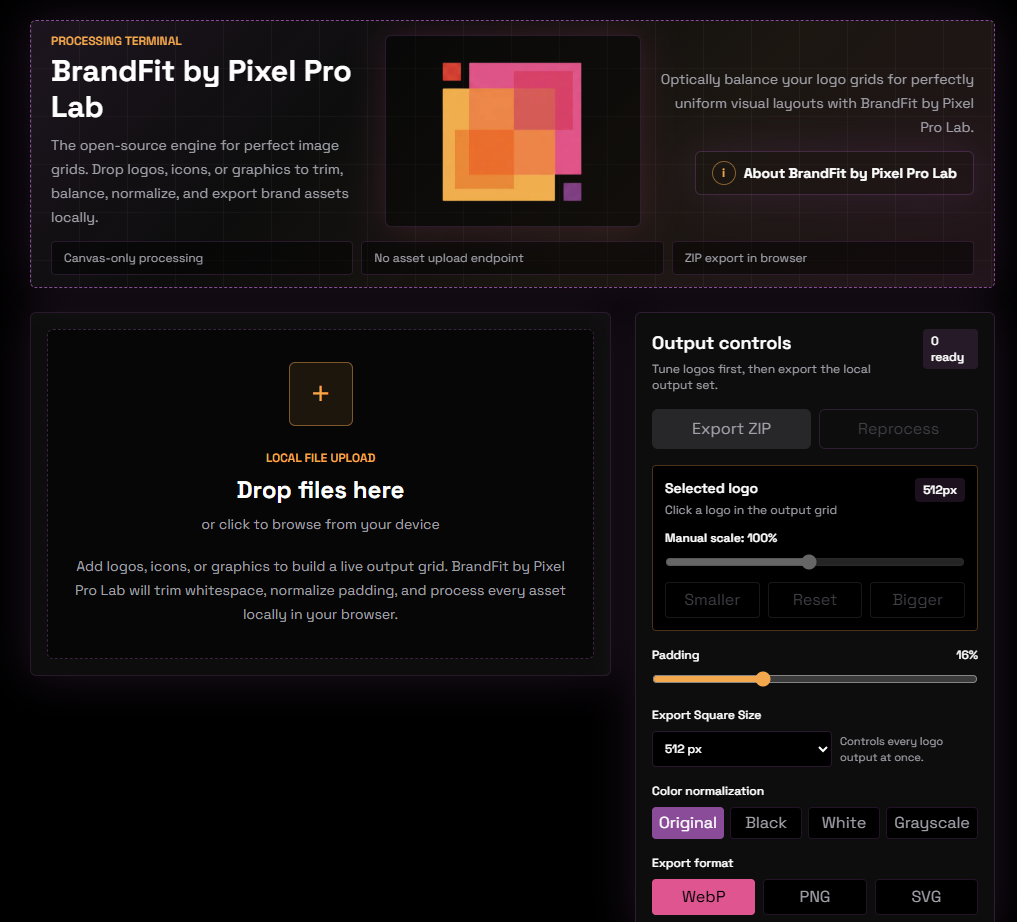 BrandFit processing terminal — drop zone and output controls