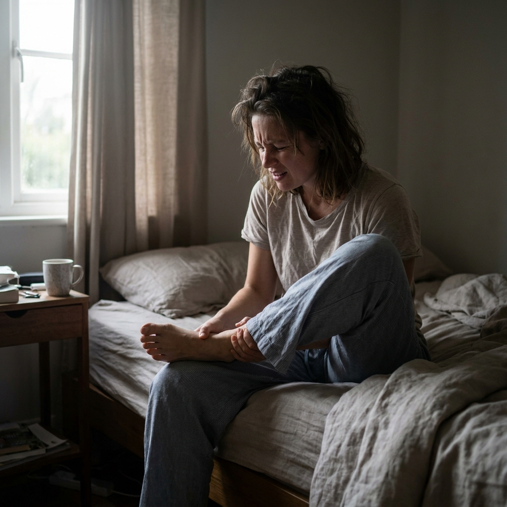 Person sitting on the edge of their bed in the morning, gripping their heel in pain